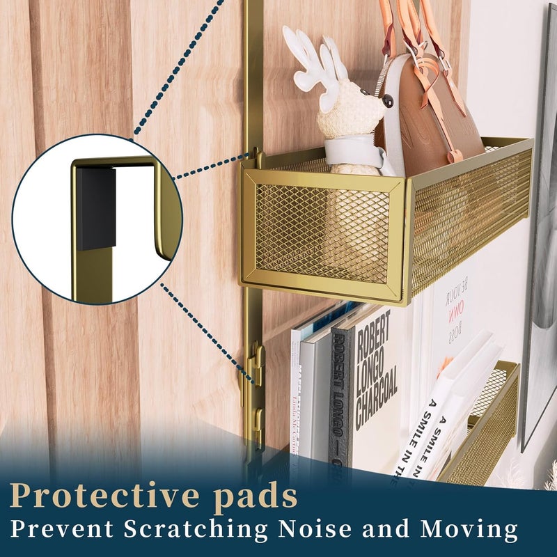 Consumest Over The Door Hooks Organizer - Extra Long Door Hanger with 9 Coat Hooks & 2 Mesh Basket, Back Storage Organizer Hanging Towels for Bathroom, Bedroom, Gold (for 1.76 in Doors) - Image 4